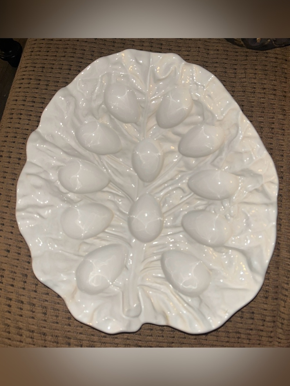 Vintage  Bordallo Pinheiro White Cabbage Deviled Egg Plate Platter Majolica